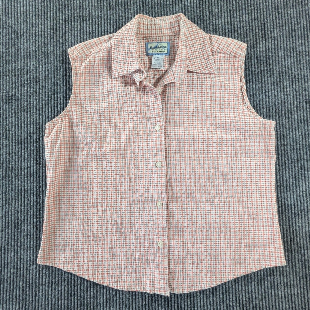 Pendleton Sleeveless Button Down Shirt Orange Seersucker Gingham Petite Small